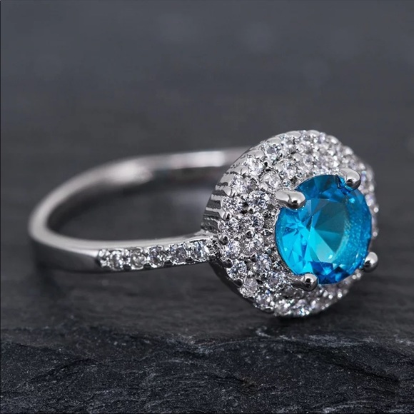 New Women’s 925 Silver Aquamarine Round Cut Ring - Picture 2 of 5